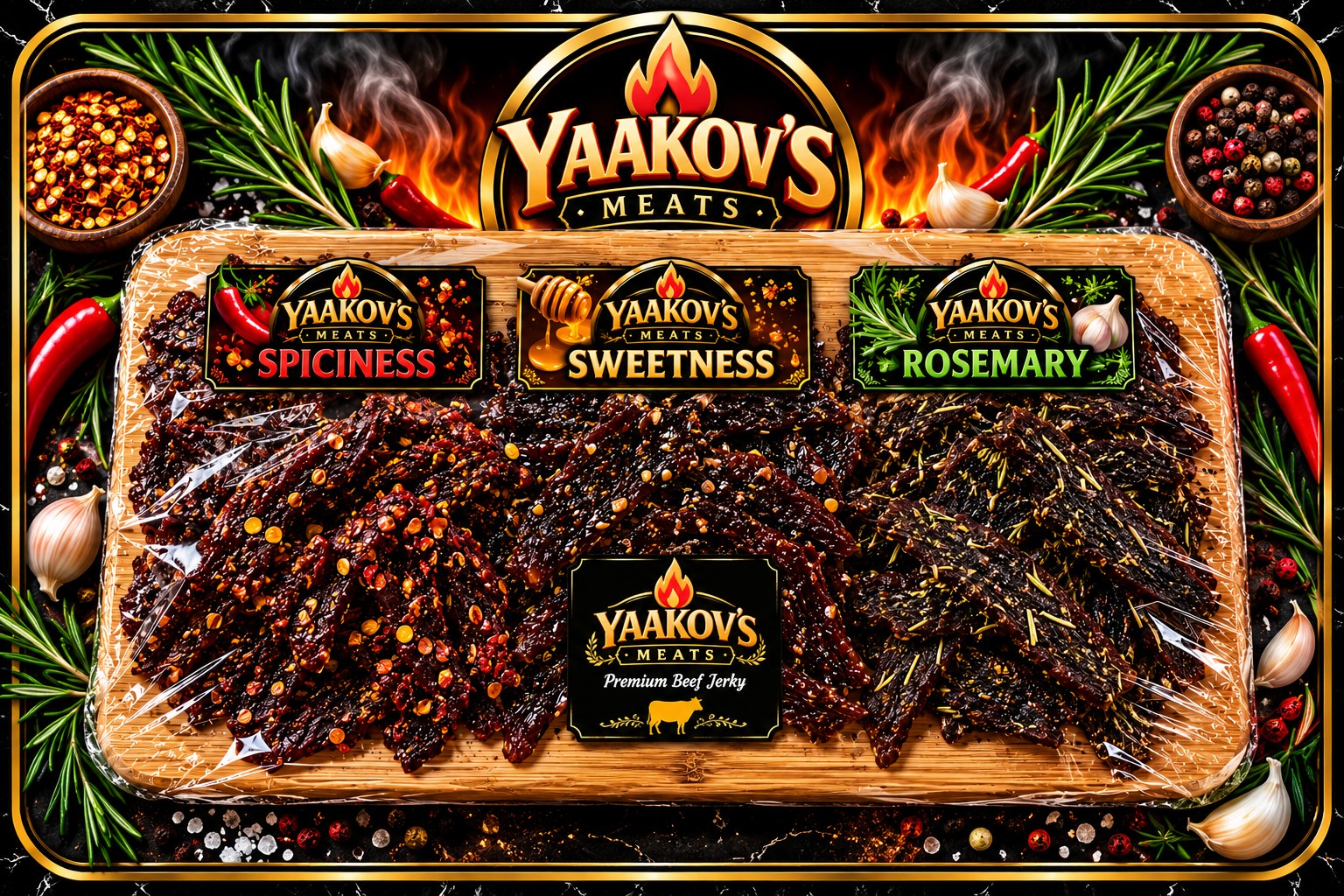 Yaakov’s Meats Sweetness, Spiciness and Rosemary jerky assortment